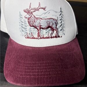 Embroidered Elk Trucker Hat in White and Burgundy NWT by Waggle